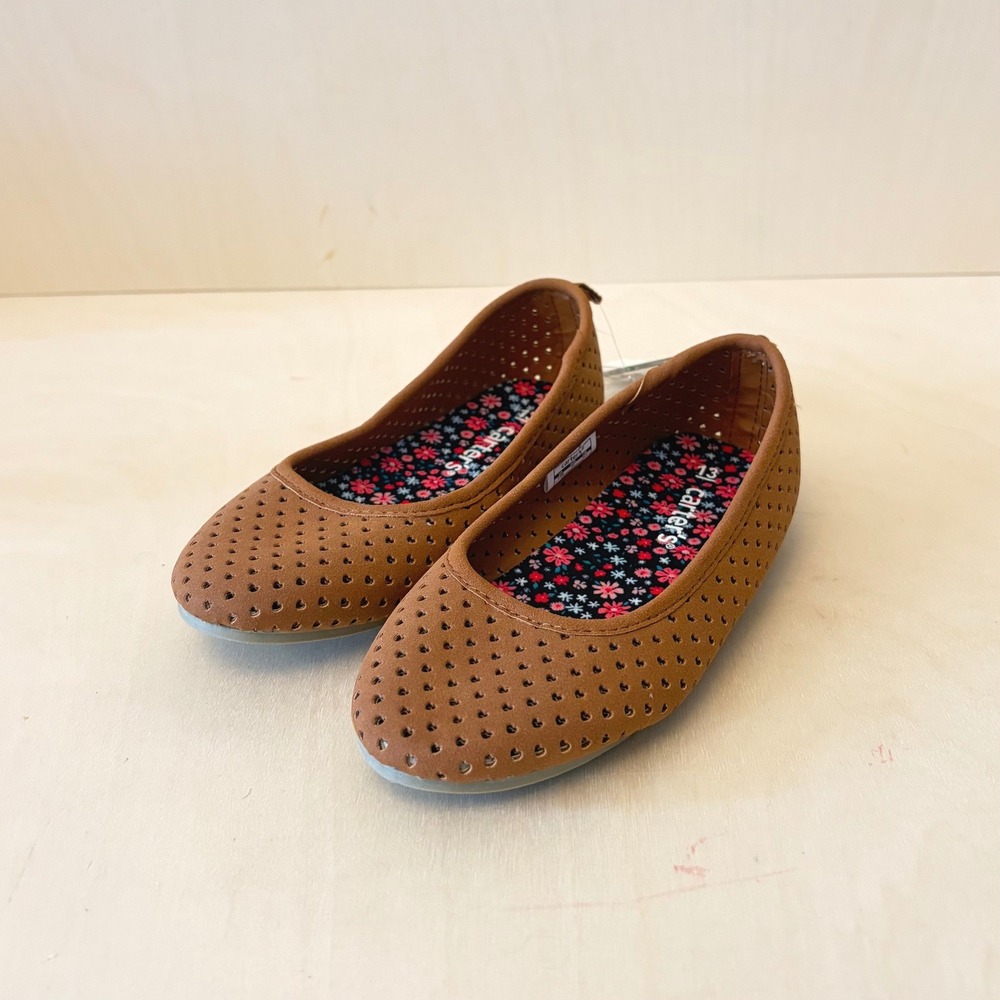 Carter's Easton Ballet Flat Girls 13 Brown Heart Laser Cutout Slip on Shoes NEW